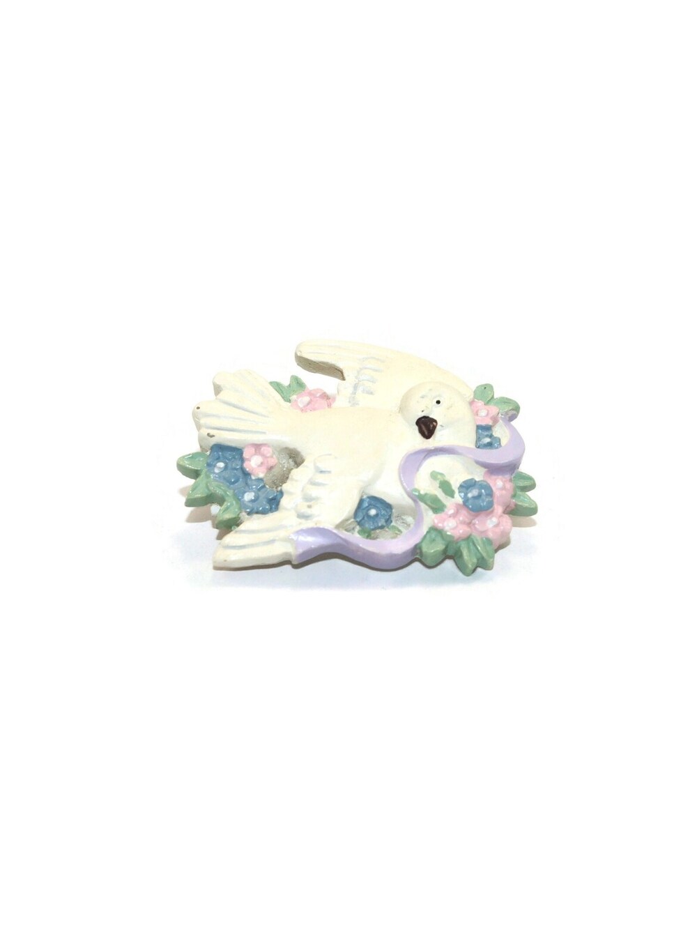 Vintage Ceramic White Dove and Purple Ribbon and Flowers Brooch.